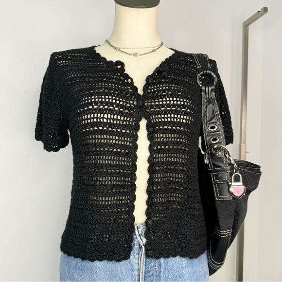 Vintage Short Sleeve Black Open Knit Cardigan  Christopher & Banks Size Medium - Picture 1 of 8